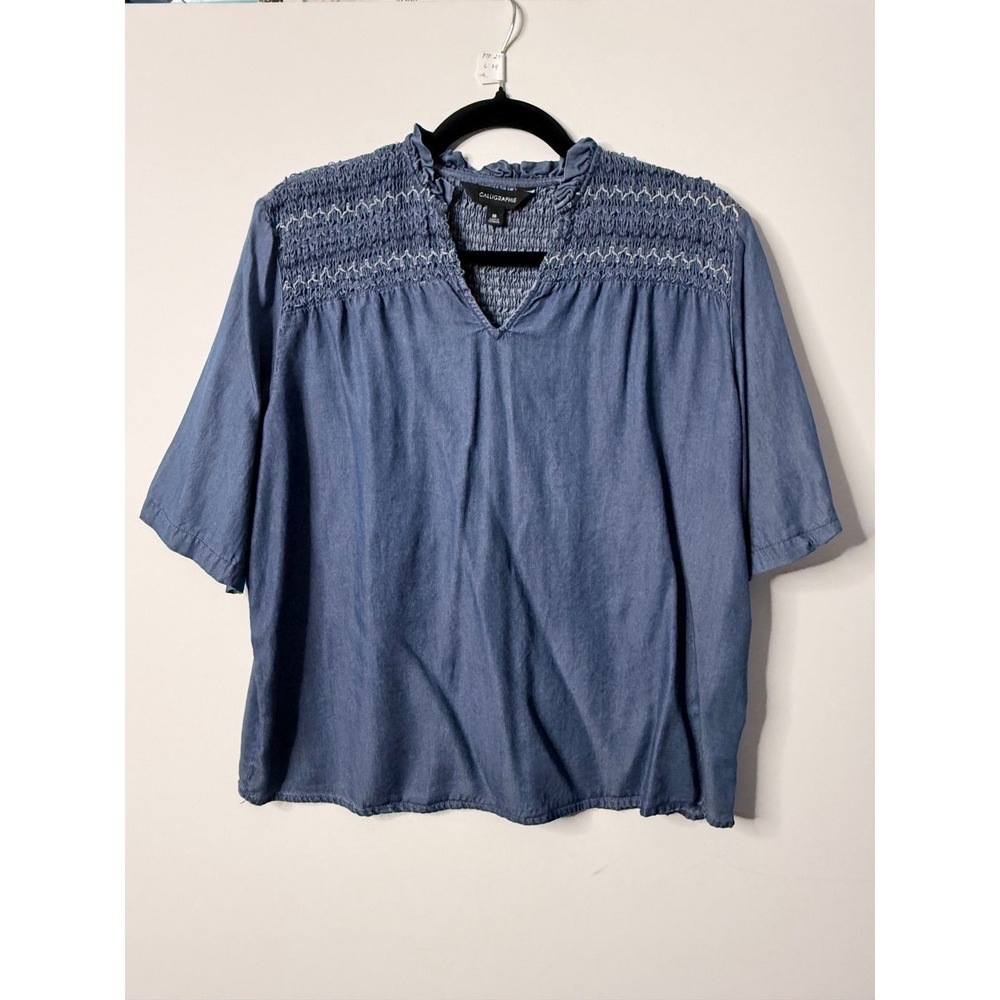 Calligraphie Smocked Chambray Lyocell Blouse Blue Medium